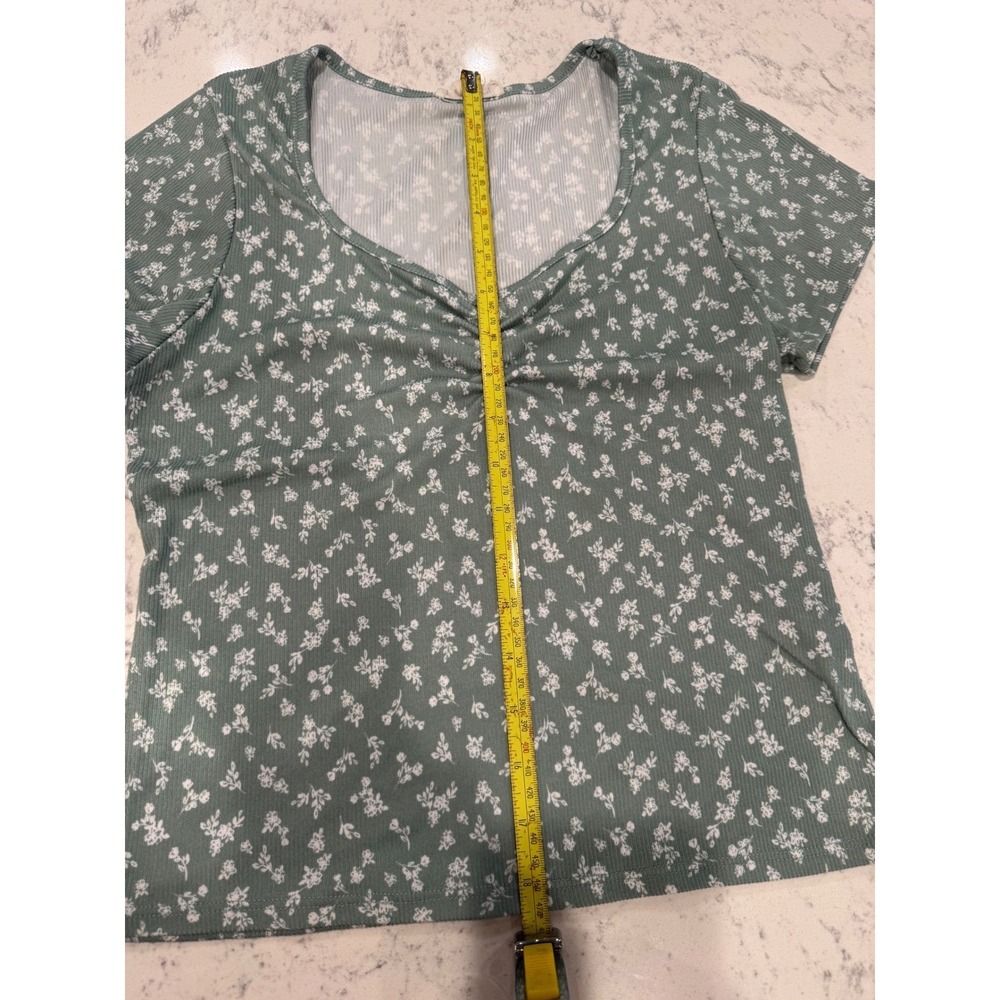See You Monday Sage Green Floral Ribbed Ruched Sweetheart Neck Top XL - Picture 4 of 6